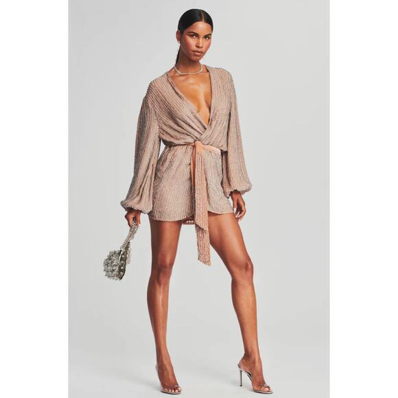RETROFÉTE Gabrielle Sequin Tie Waist Dress In Silver Nude Blush XS NEW - Picture 1 of 11